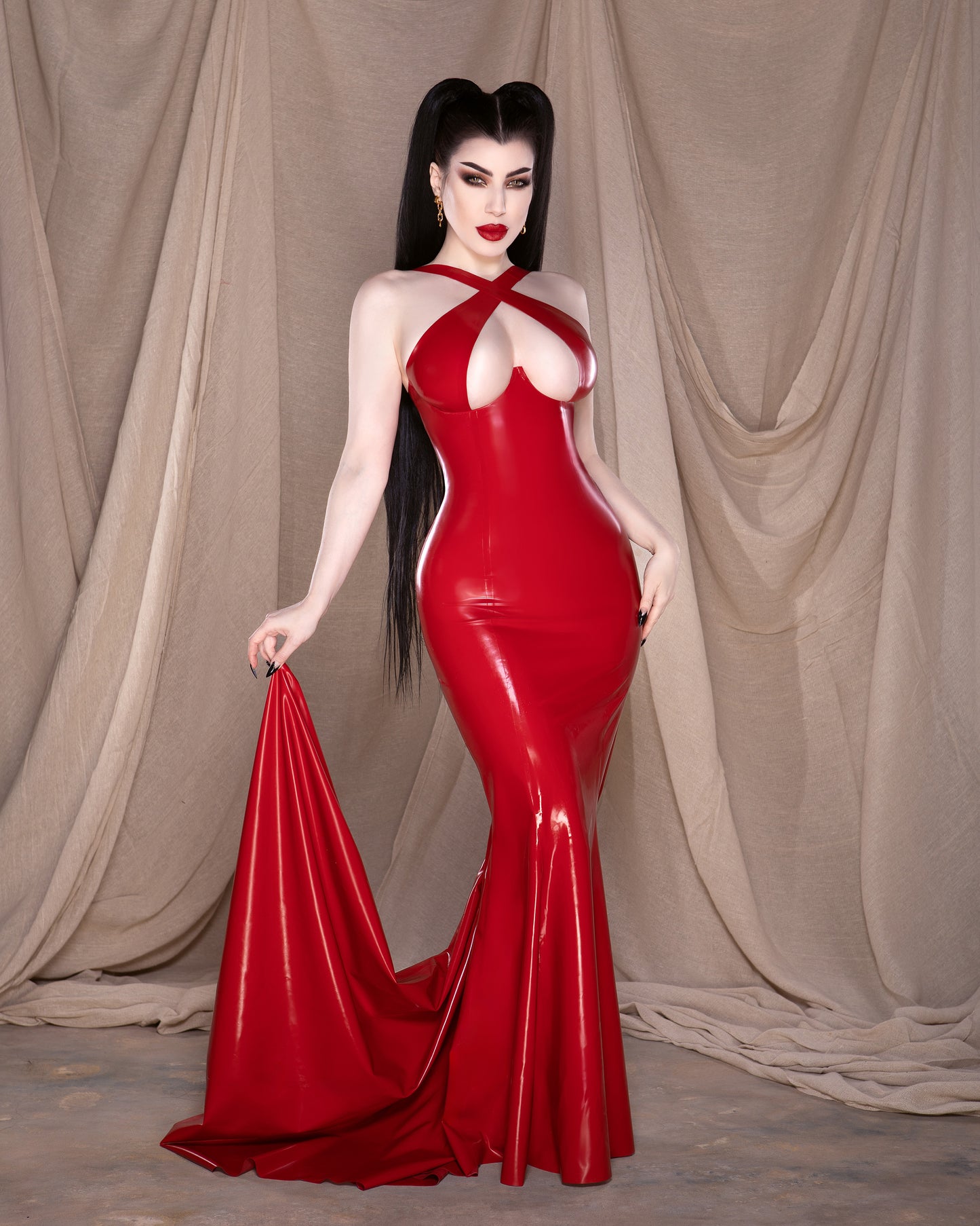 Crossover Latex Fishtail Gown with Train