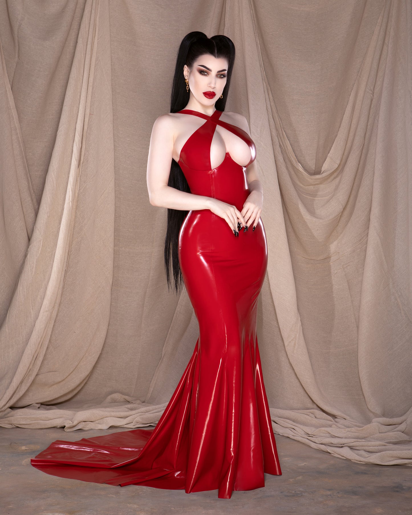 Crossover Latex Fishtail Gown with Train