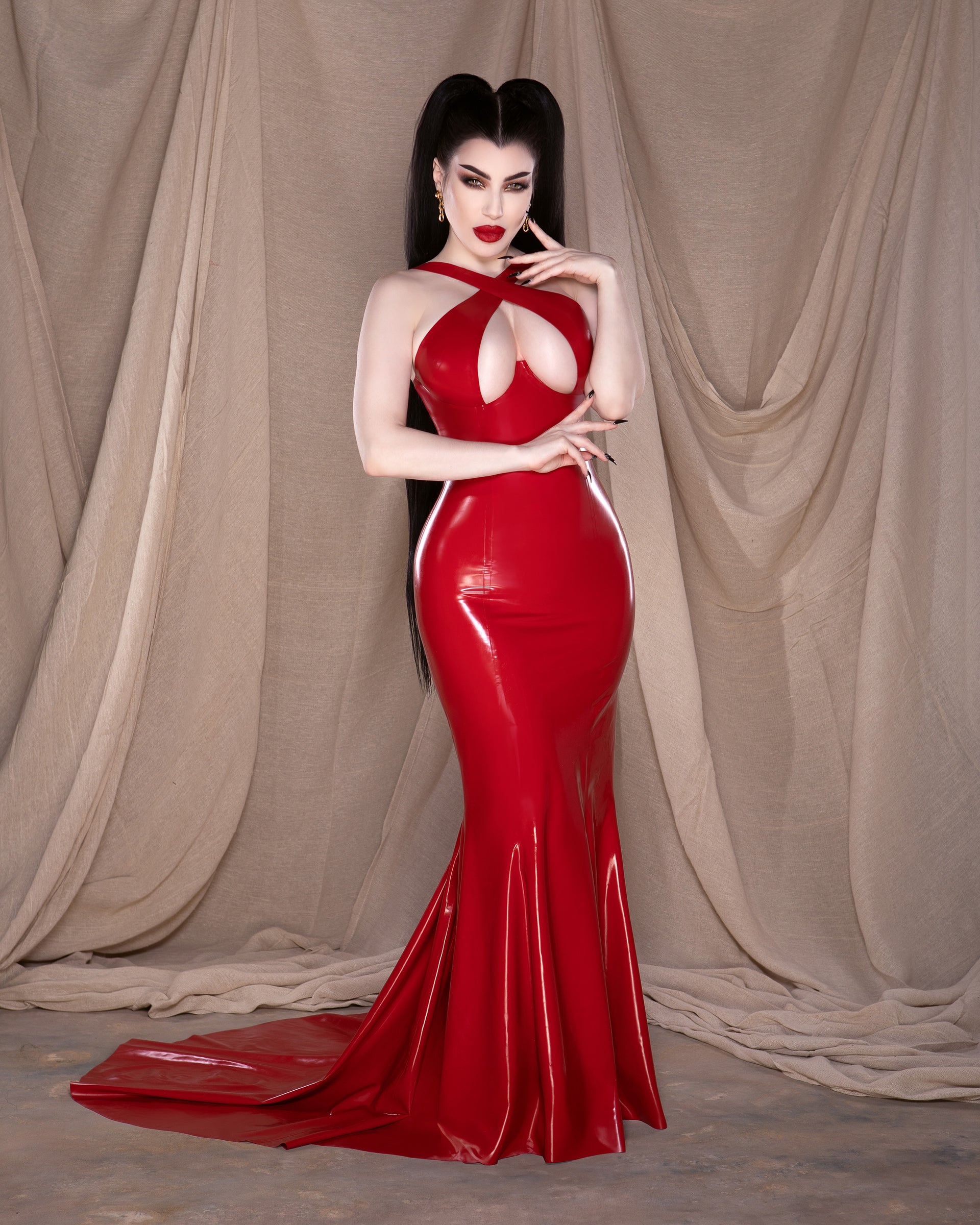chinese dress ladies Crossover Latex Fishtail Gown with Train – Dark Virtue Designs