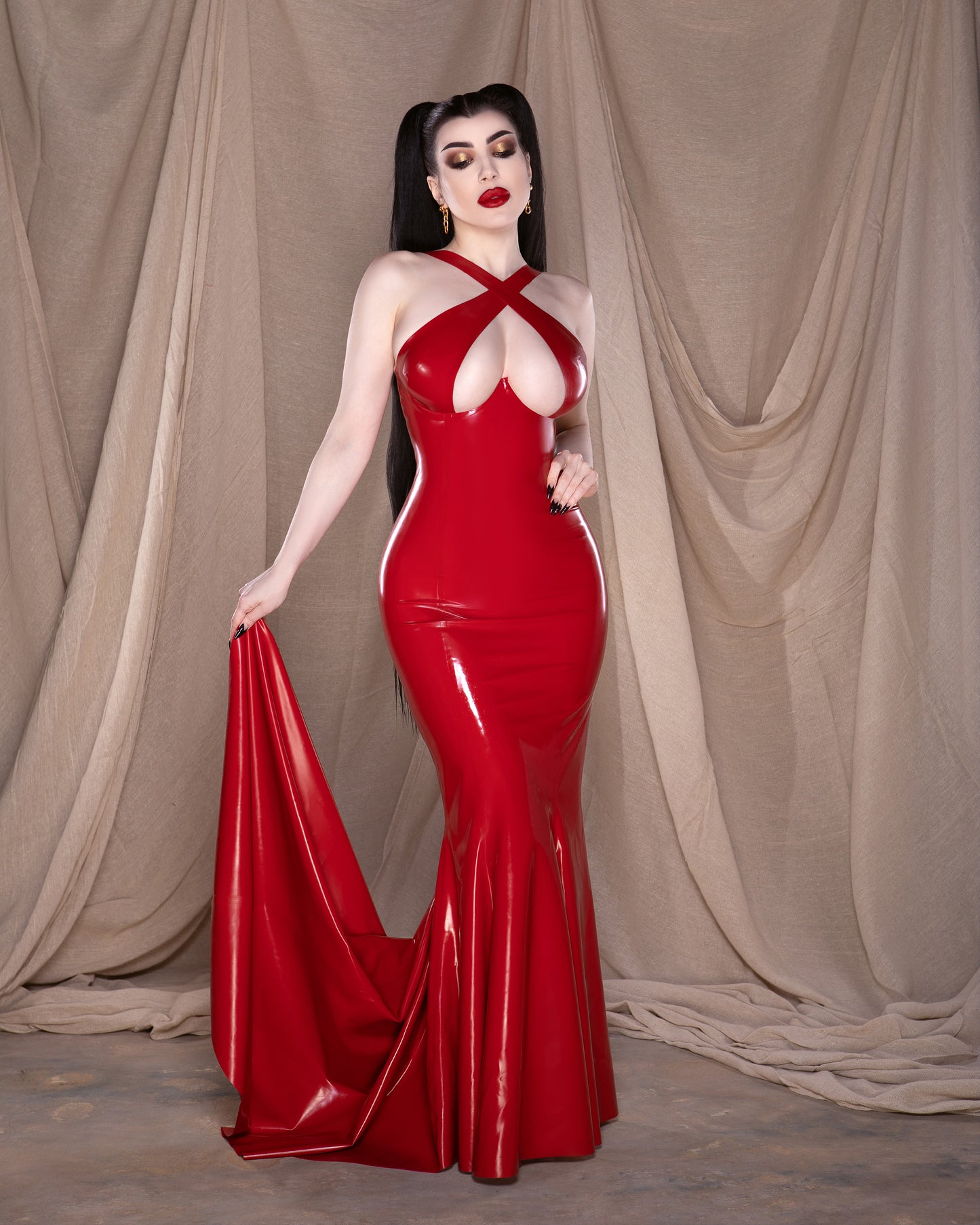 Crossover Latex Fishtail Gown with Train